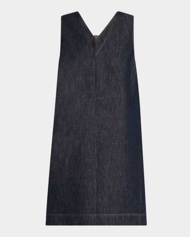 Short V-Neck Denim Tank Dress with Monili Insert